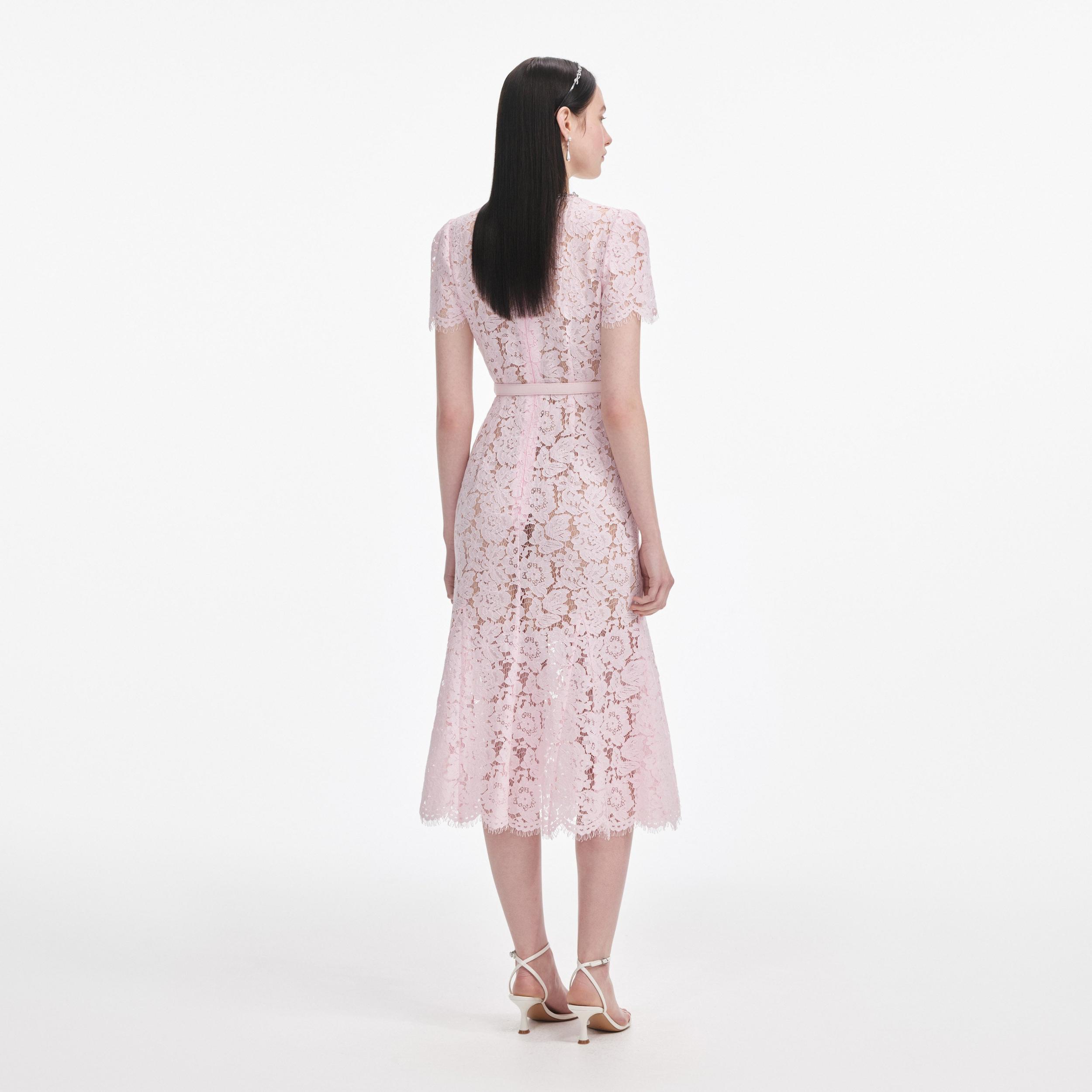 Pink Lace Bow Trim Midi Dress Product Image