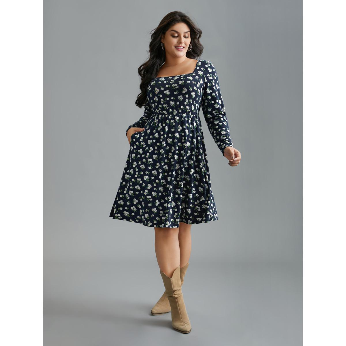 Plus Size Ditsy Floral Square Neck Pocket Dress Indigo Women Casual Non Knit Dresses Bloomchic 30/6X Product Image
