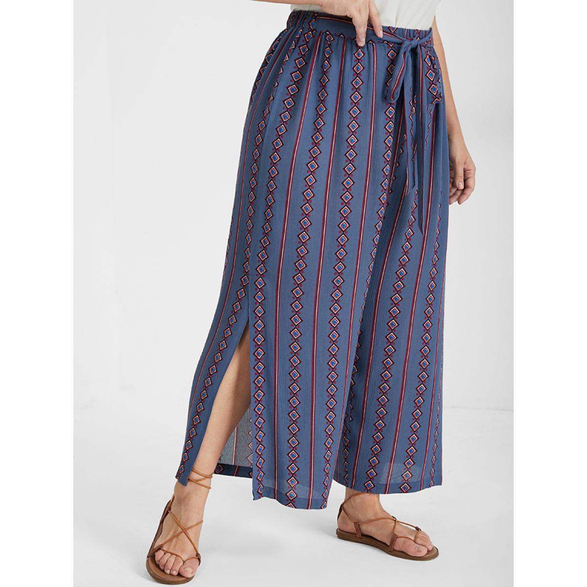 Plus Size Ditsy Floral Belted Split Loose Pants Women LightBlue Vacation Loose High Rise Dailywear Pants BloomChic 28/5X Product Image