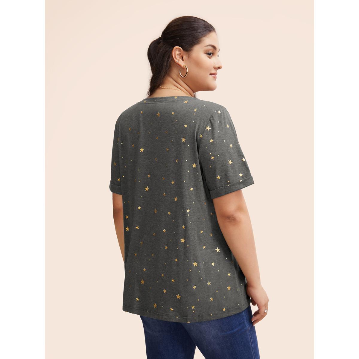 Plus Size Star Glitter Cuffed Sleeve Crew Neck T-shirt DimGray Women Casual Heather Moon and Star Round Neck Dailywear T-shirts BloomChic 30/6X Product Image