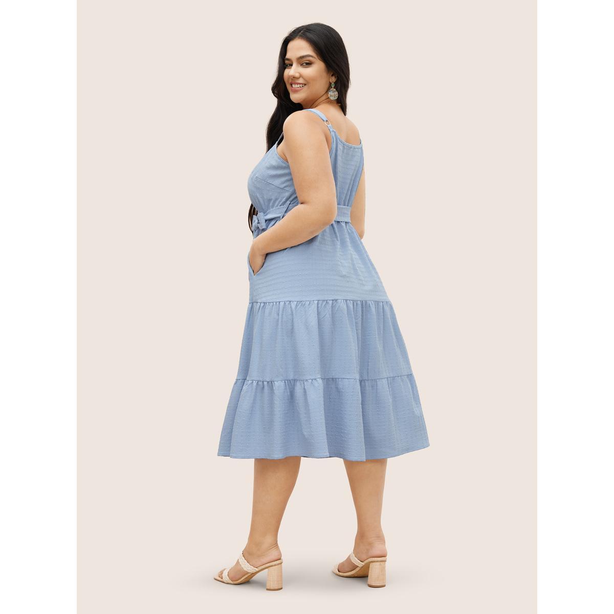 Plus Size Plain Textured Ruffle Layered Hem Belted Dress LightBlue Women Resort Texture Non Sleeveless Curvy Midi Dress BloomChic 12/L Product Image