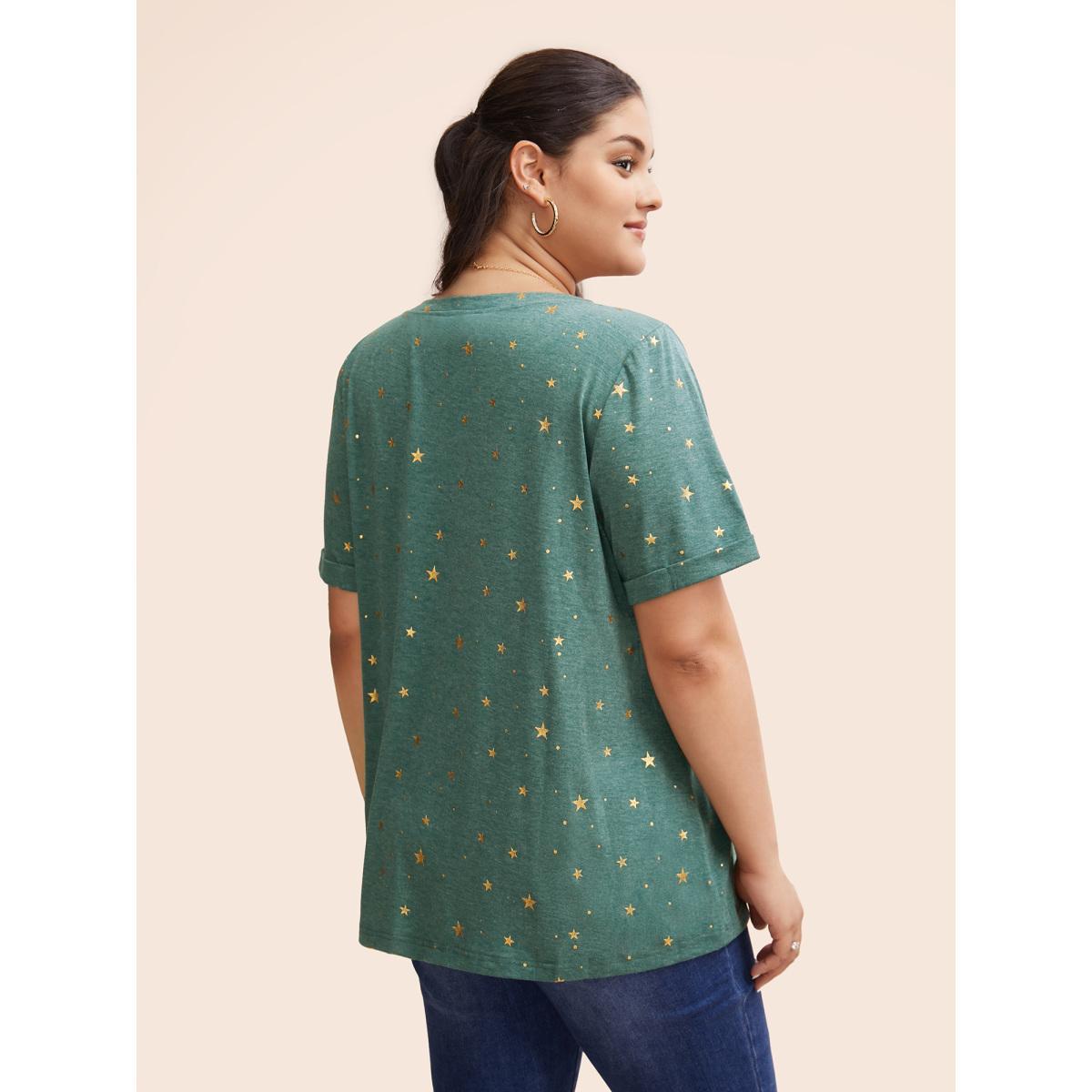 Plus Size Star Glitter Cuffed Sleeve Crew Neck T-shirt Cyan Women Casual Heather Moon and Star Round Neck Dailywear T-shirts BloomChic 12/L Product Image