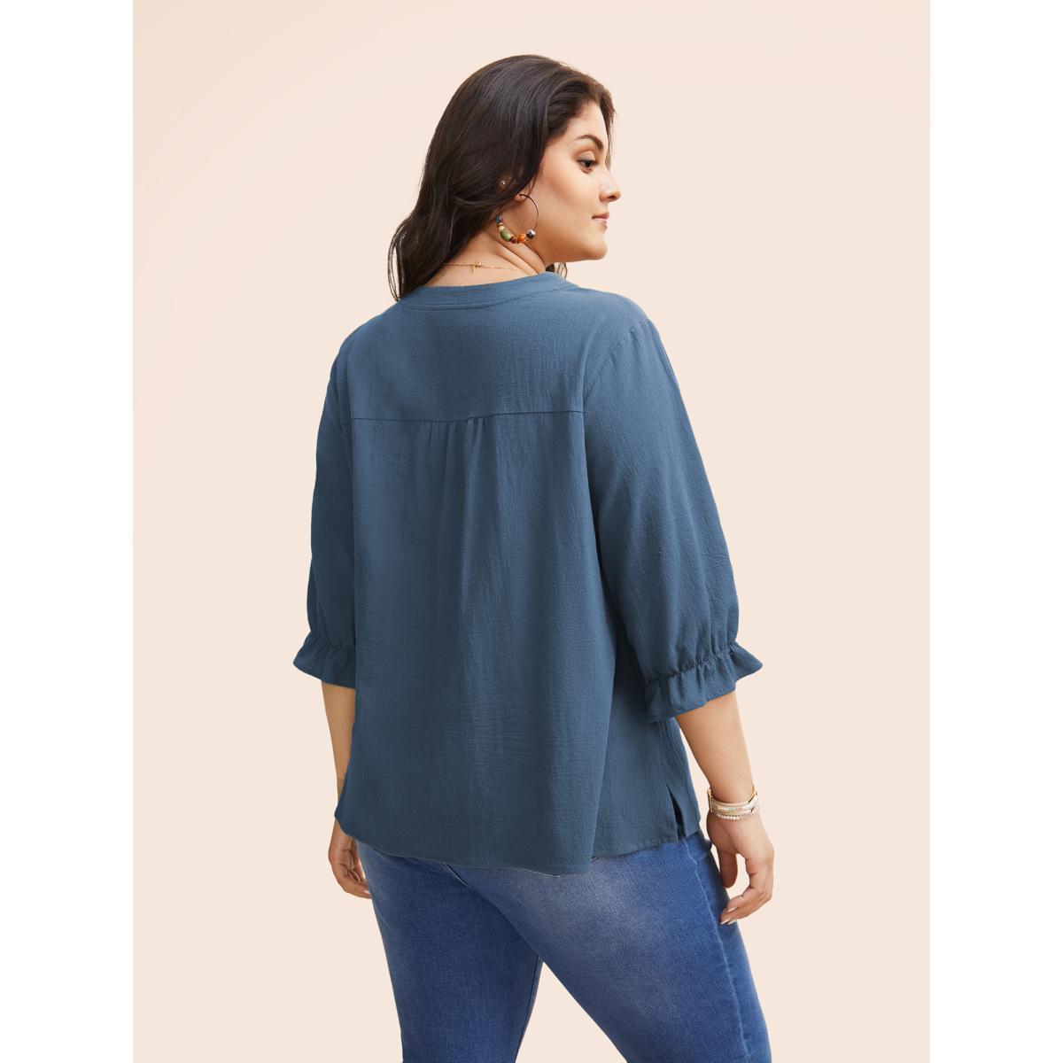 Plus Size Aegean Broderie Anglaise Tie Knot Lantern Sleeve Blouse Women Resort Elbow-length sleeve Notched collar Vacation Blouses BloomChic 28/5X Product Image