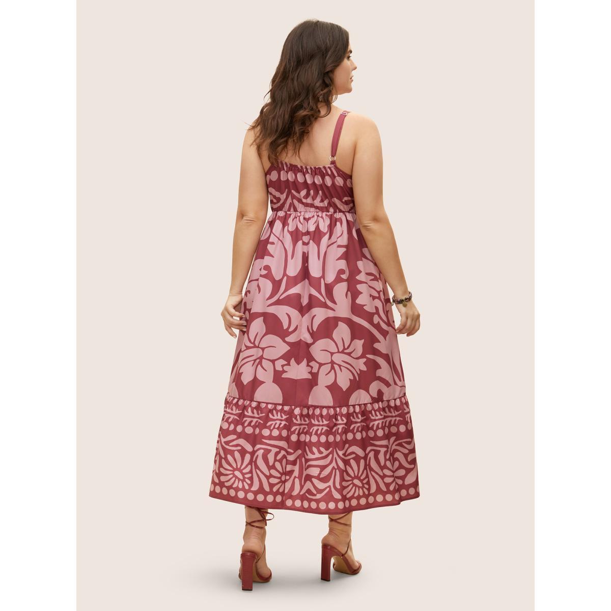 Plus Size Silhouette Floral Print Frill Trim Cami Dress DustyPink Women Resort Gathered V-neck Sleeveless Curvy BloomChic 14-16/1X Product Image