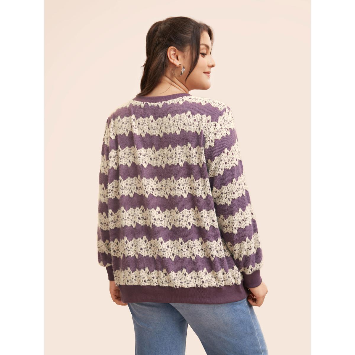 Plus Size Striped Patchwork Contrast Texture Sweatshirt Women Mauve Casual Texture Loose V-neck Everyday Sweatshirts BloomChic 30/6X Product Image