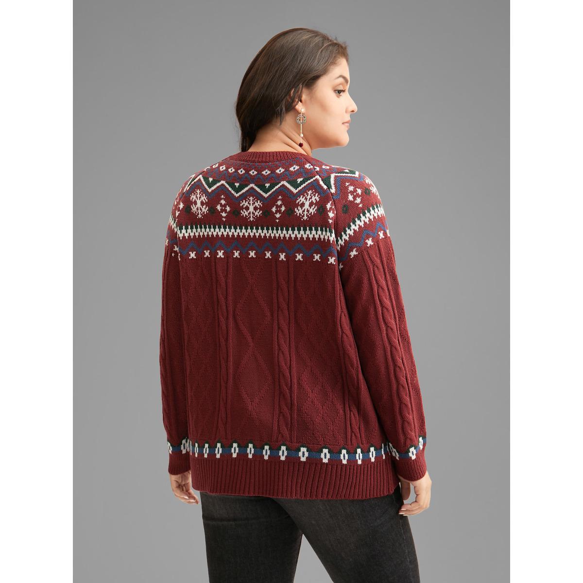 Plus Size Festive Fair Isle Cable Knit Pullover Deepred Women Casual Loose Long Sleeve Round Neck Everyday Pullovers BloomChic 18-20/2X Product Image