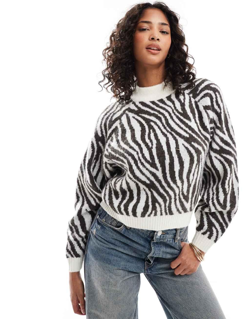 Threadbare high neck knit sweater in zebra print Product Image