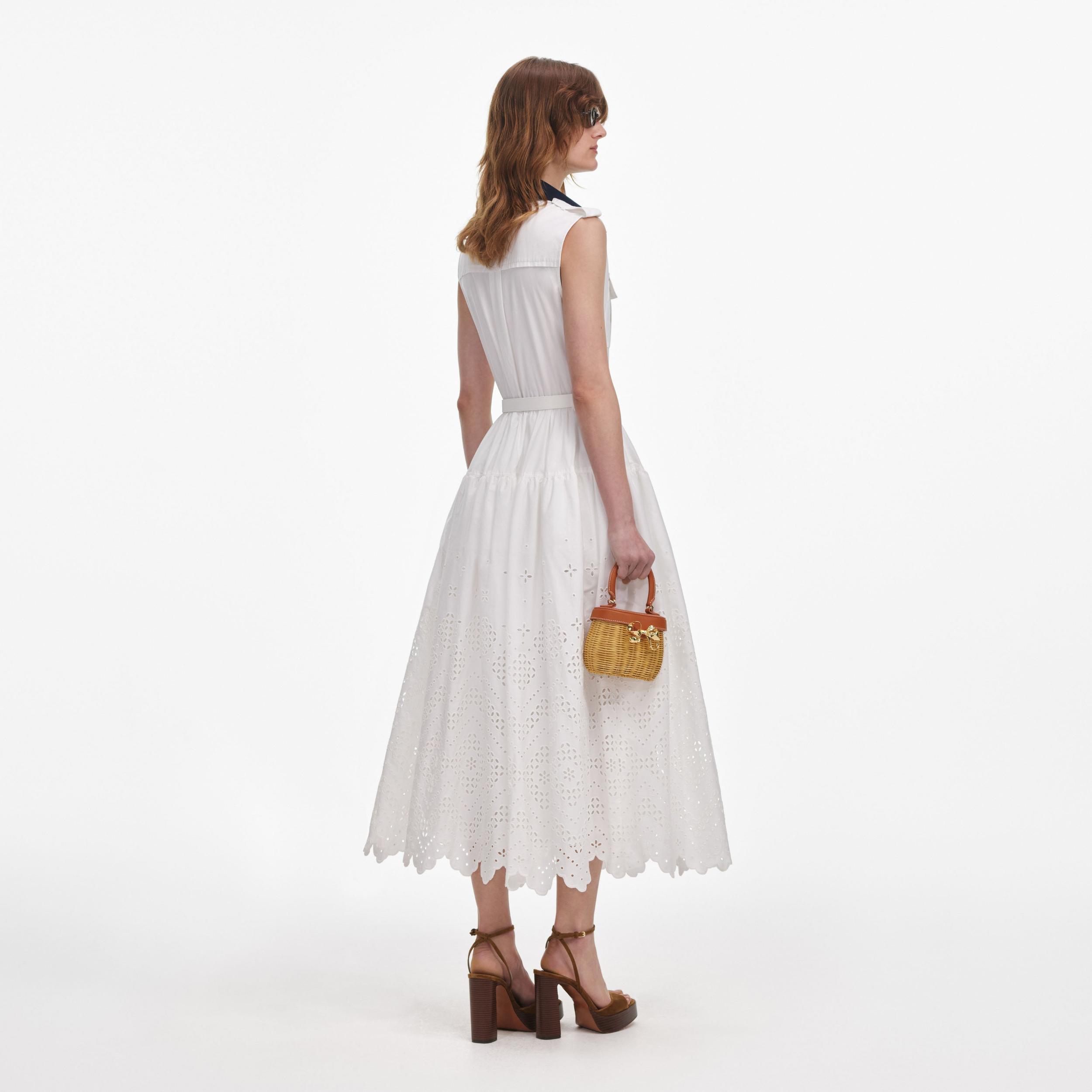 White Contrast Collar Broderie Midi Dress Product Image
