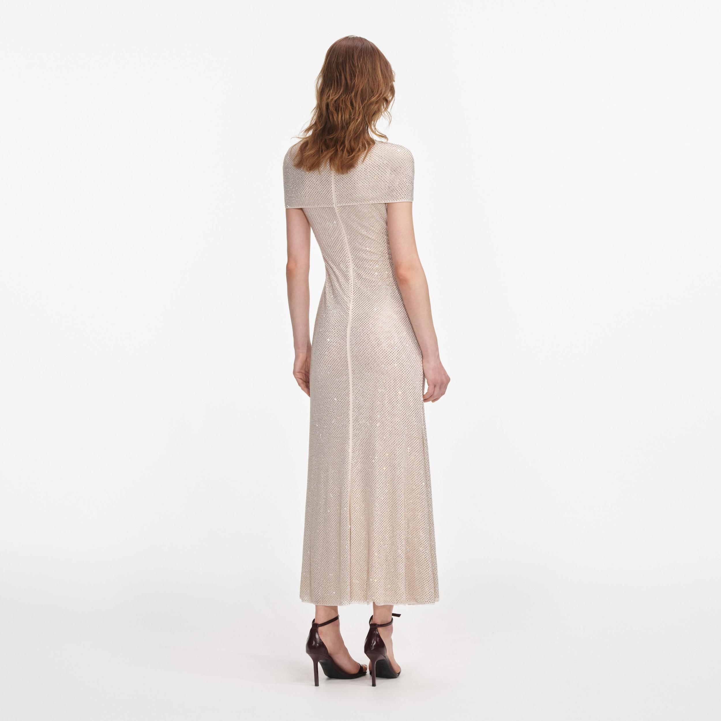 Champagne Rhinestone Mesh Cut Out Midi Dress Product Image
