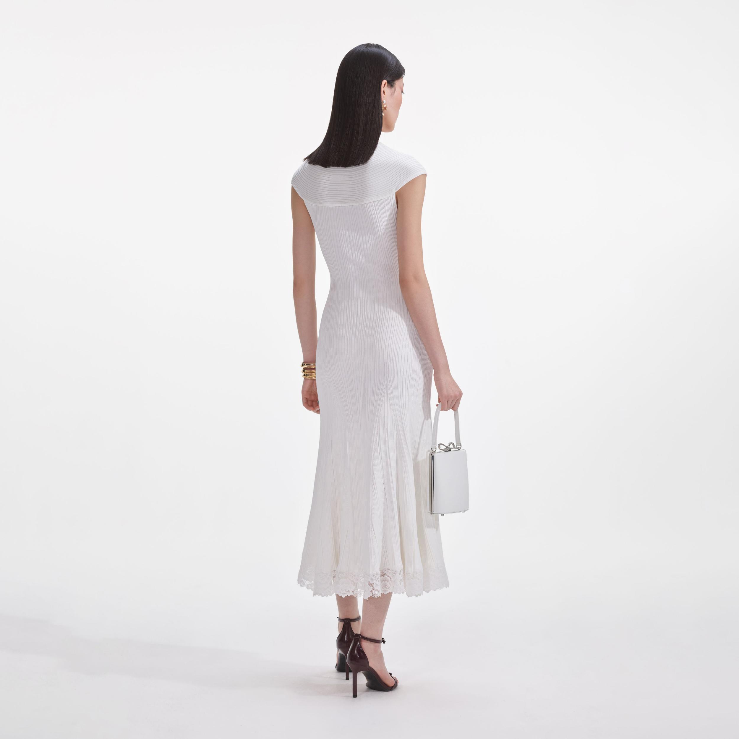 White Knit Lace Insert Midi Dress Product Image