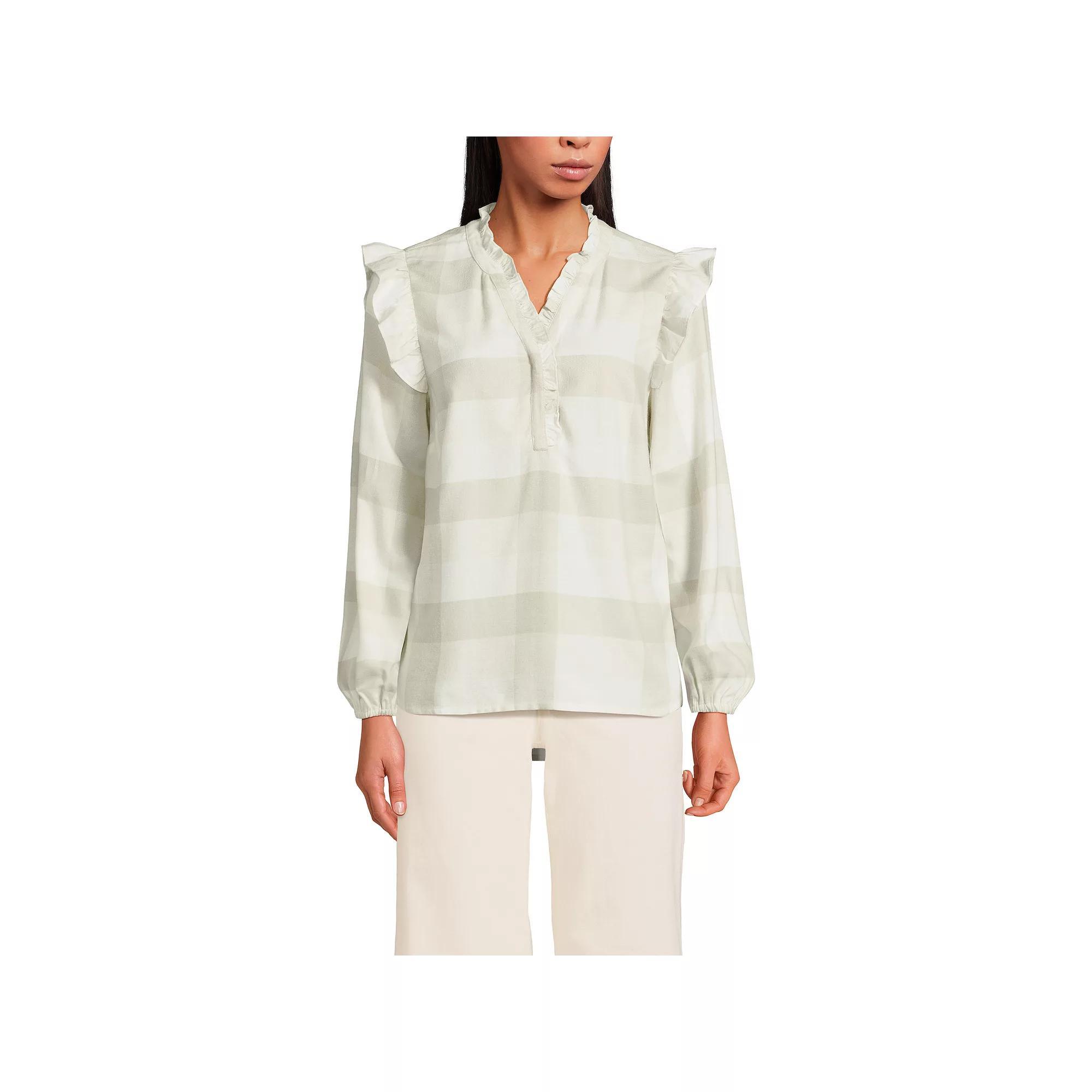 Women's Lands' End Ruffle Front Flannel Popover Blouse, Size: XL, Deep Green Plaid Product Image