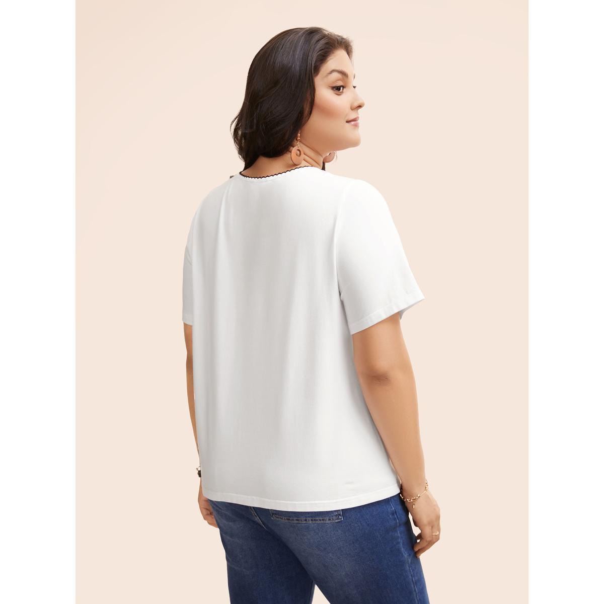 Plus Size Round Neck Embroidered Shirred T-shirt Originalwhite Women Resort Woven ribbon&lace trim Art&design Round Neck Vacation T-shirts BloomChic 26/4X Product Image