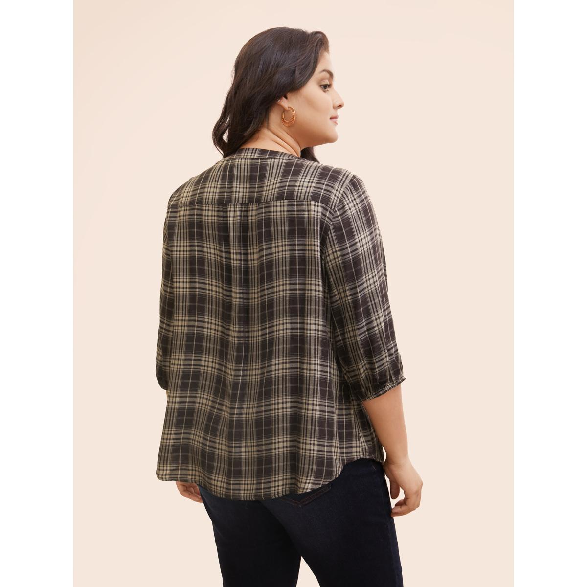 Plus Size DarkBrown Plaid Pleated Button Placket Blouse Women Elegant Elbow-length sleeve Flat collar with V-notch Everyday Blouses BloomChic 10/M Product Image