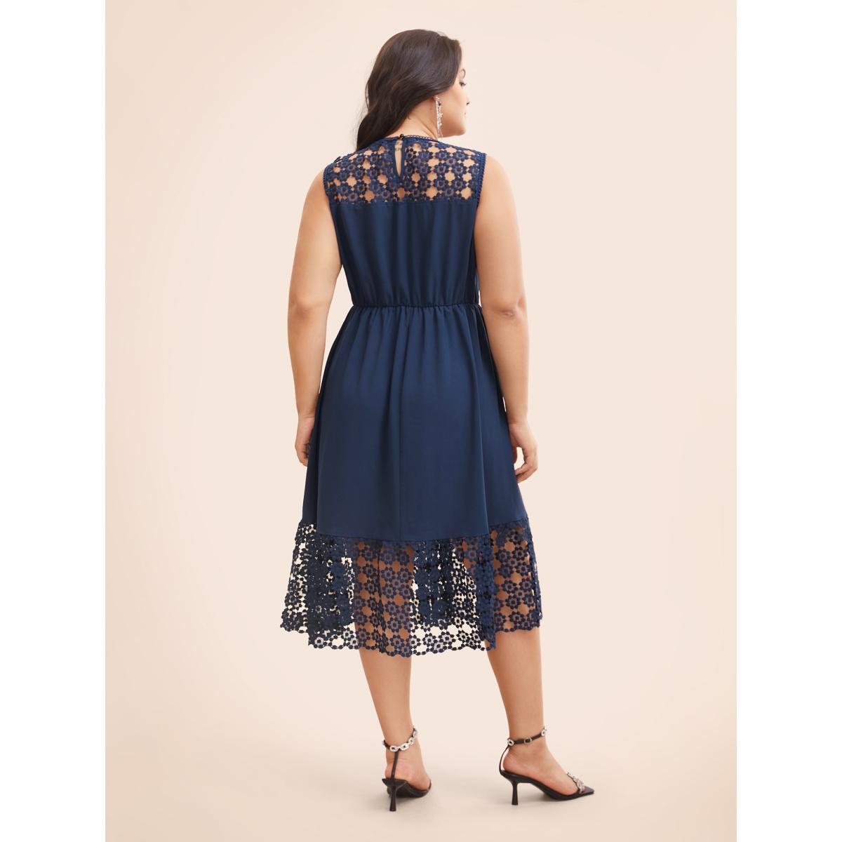 Plus Size Lace Panel Elastic Waist Sleeveless Dress DarkBlue Women Formal Woven ribbon&lace trim Party Curvy Bloomchic 22-24/3X Product Image