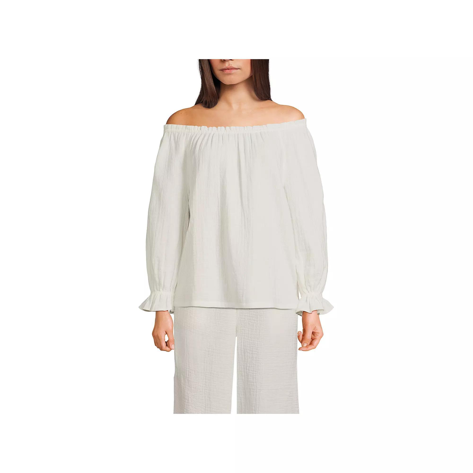 Women's Lands' End Gauze 3/4-Sleeve Off Shoulder Blouse, Size: Large, Deep  Blue Product Image