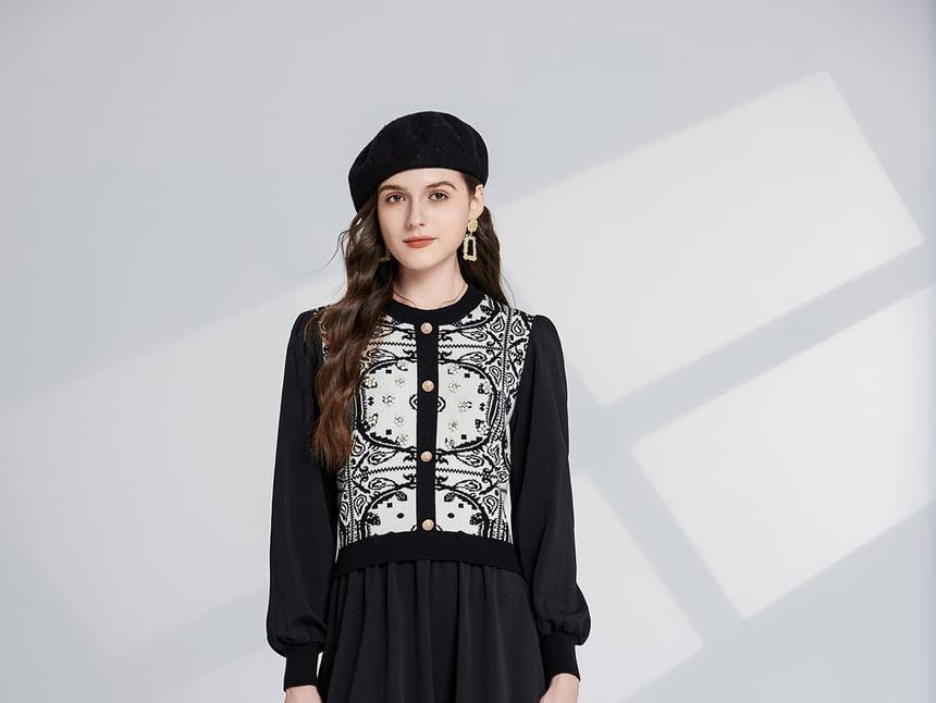 Long Sleeve Round Neck Patterned Beaded Panel Knit Midi A-Line Dress Product Image