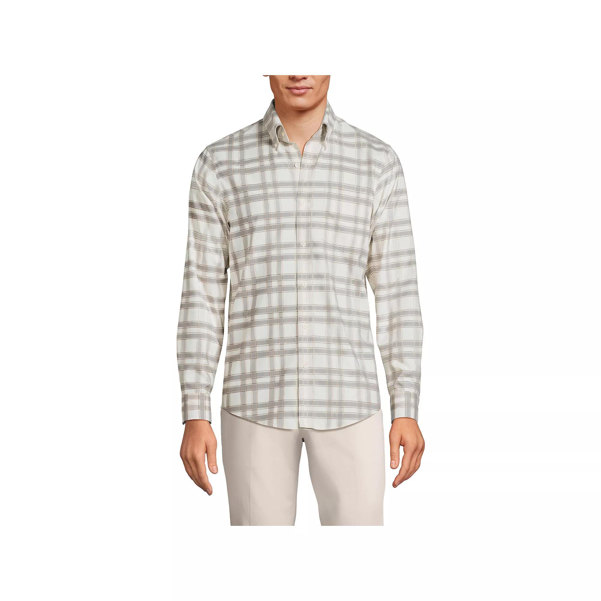 Men's Lands' End Traditional-Fit No-Iron Twill Button-Down Shirt, Size: Large, Gray Stone Ivory Plaid Product Image