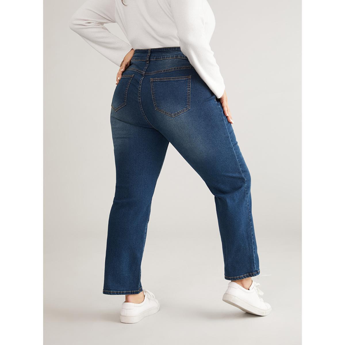 Plus Size Double Button Detail Straight Leg Jeans Women Blue Casual Plain Plain High stretch Pocket Jeans BloomChic 16/1X Product Image