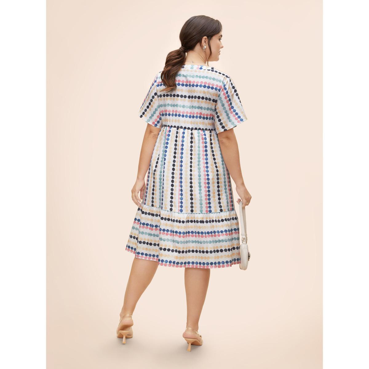 Plus Size Dot Print Elastic Waist Split Neck Midi Dress WhiteSmoke Women Casual Ruffles Flat collar with V-notch Short sleeve Curvy BloomChic 26/4X Product Image