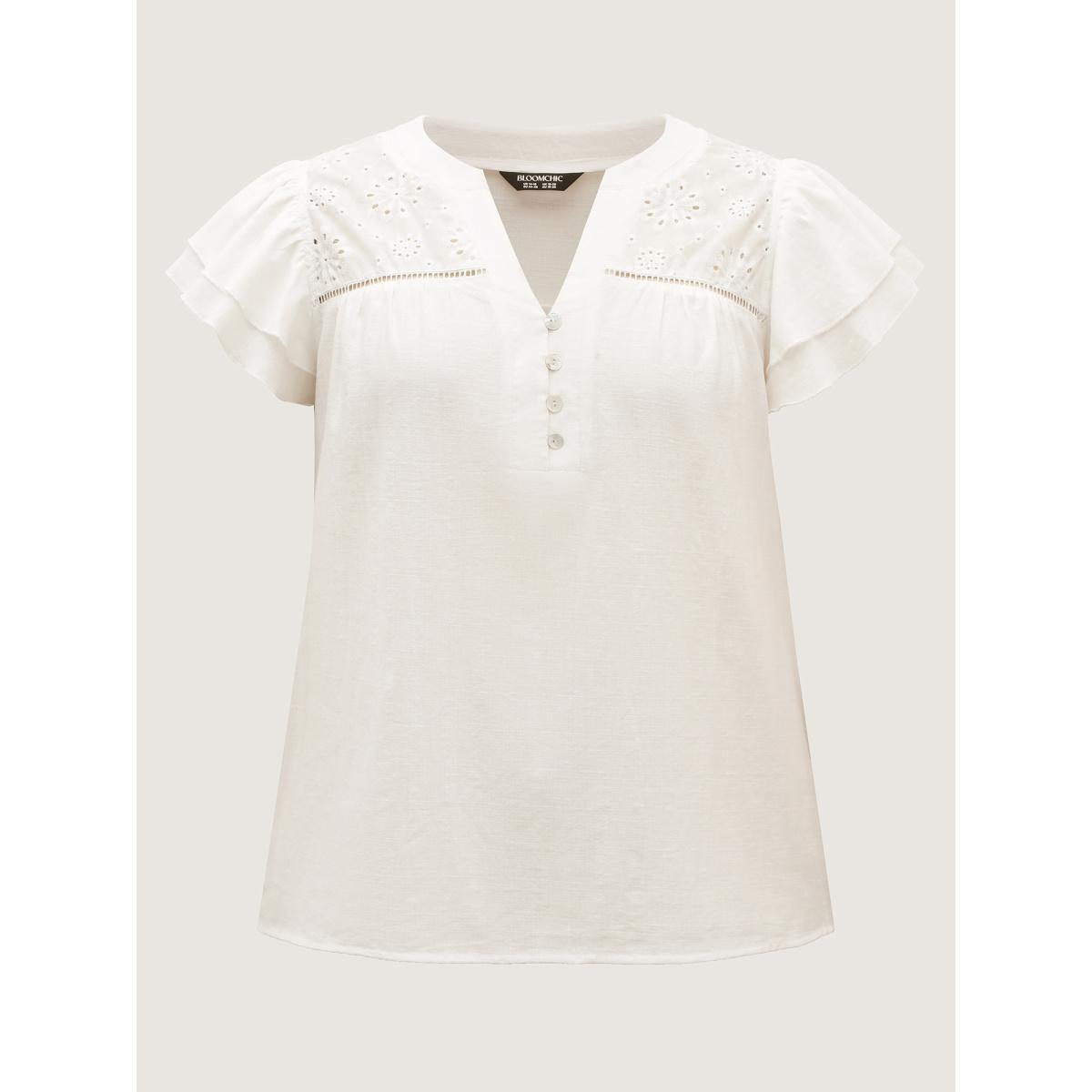 Plus Size Originalwhite Cotton Lace Eyelet Trim Layered Sleeve Blouse Women Cap Sleeve Flat collar with V-notch Vacation Blouses BloomChic 28/5X Product Image