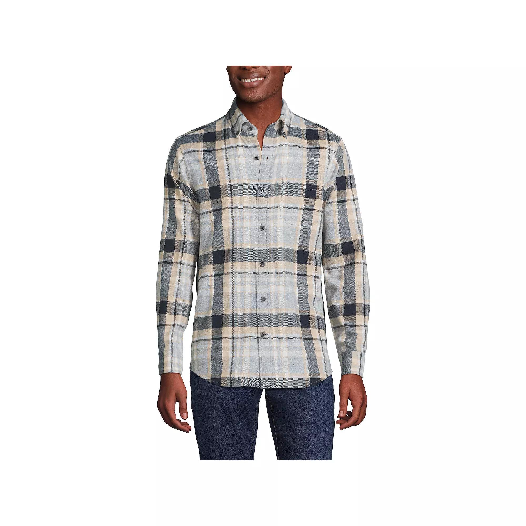 Men's Lands' End Traditional-Fit Flagship Flannel Shirt, Size: XL, Gray Black Plaid Product Image