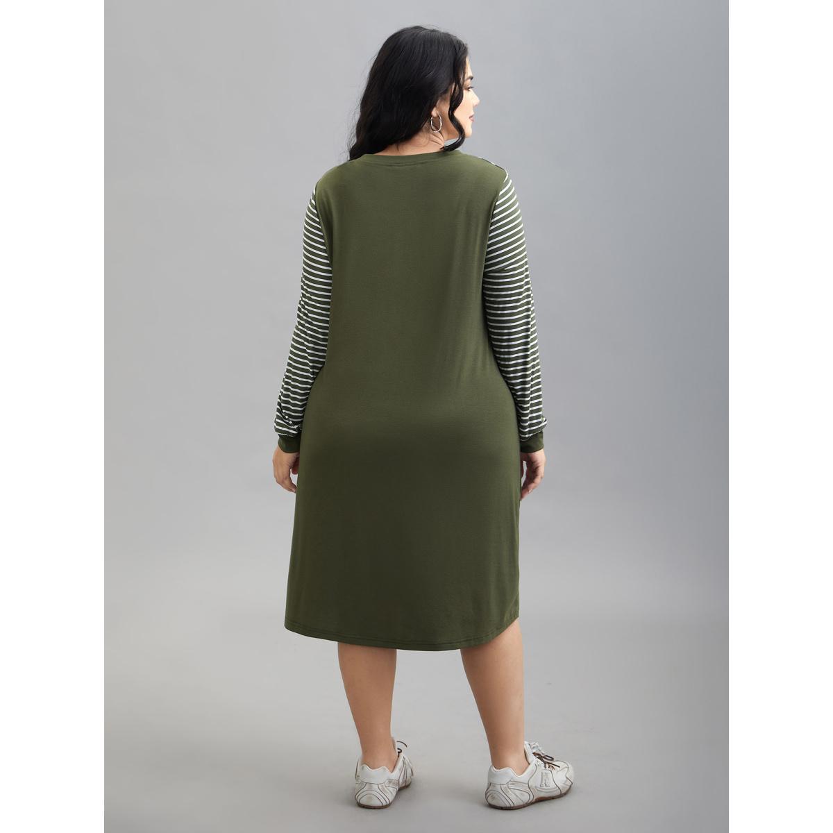 Plus Size Solid and Striped Flared Midi Dress ArmyGreen Women Casual Patchwork Knit Dresses Bloomchic 26/4X Product Image