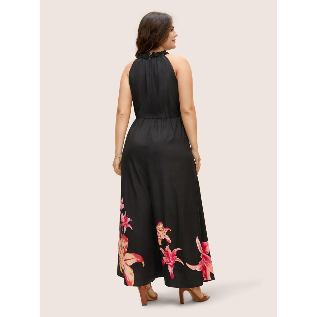 Plus Size Black Lily Print Frill Trim Tie Knot Jumpsuit Women Elegant Sleeveless Round Neck Everyday Loose Jumpsuits BloomChic 12/L Product Image