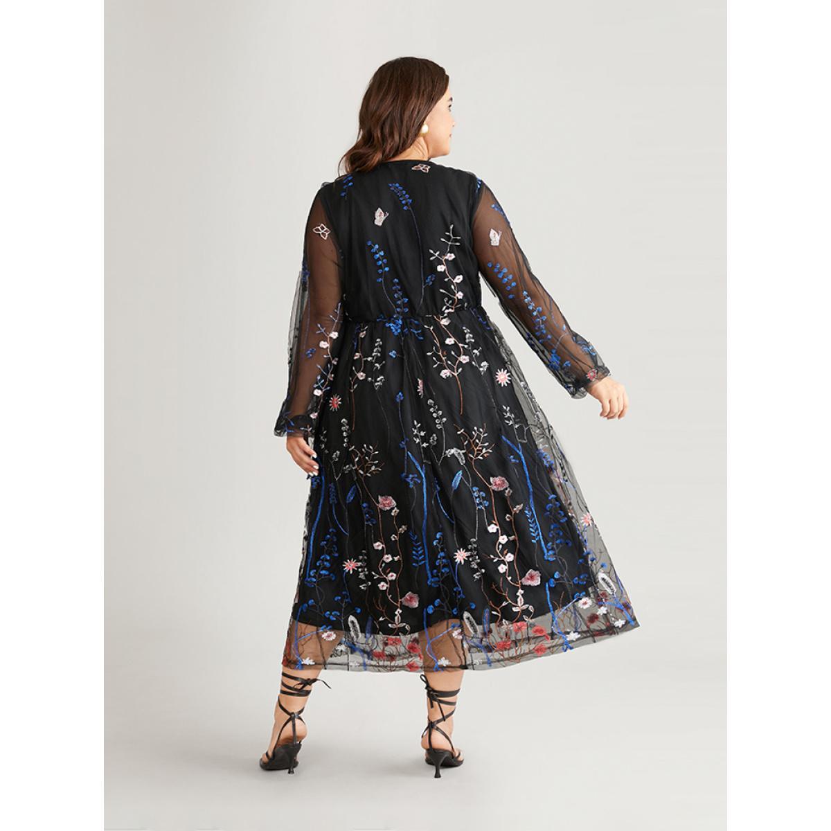 Plus Size Floral Embroidered Mesh Lantern Sleeve Pocket Midi Dress Black Women Glamour Embroidered Round Neck Long Sleeve Curvy Midi Dress BloomChic 30/6X Product Image