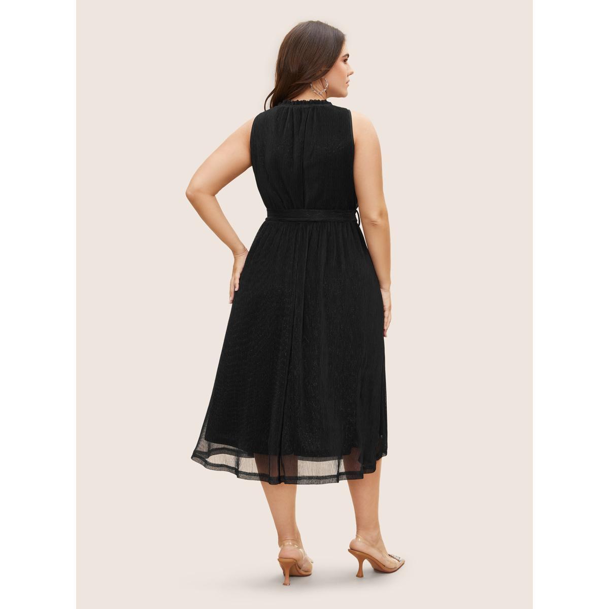 Plus Size Stand Collar Luxe Belted Tank Dress Black Women Formal Texture Stand-up collar Sleeveless Curvy BloomChic 22-24/3X Product Image
