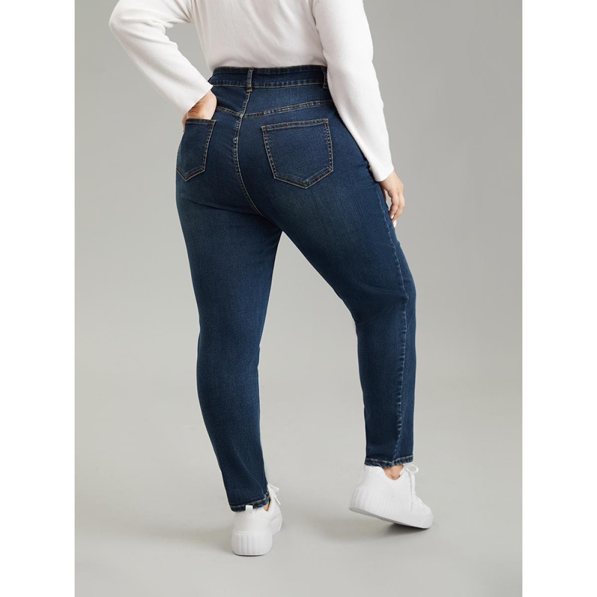Plus Size Dark Wash Button Up Zipper Fly High Jeans Women Midnight Casual Plain Plain High stretch Pocket Jeans BloomChic 30/6X Product Image