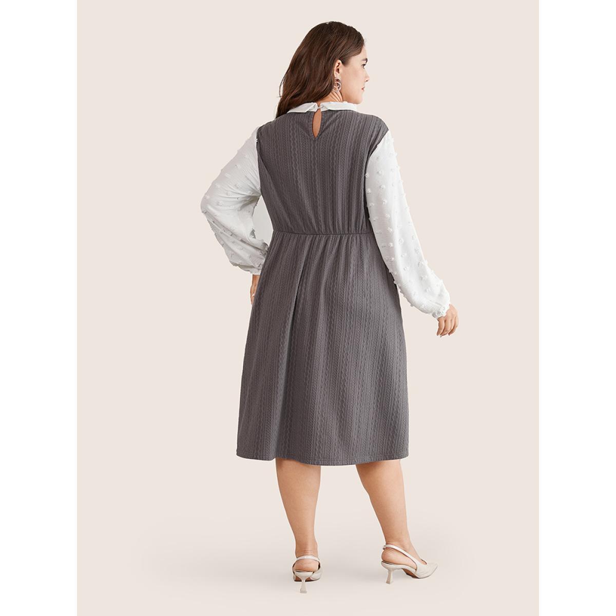 Plus Size Peter Pan Collar Contrast Textured Patchwork Dress Gray Women Office Elastic cuffs Peter Pan Collar Long Sleeve Curvy Midi Dress BloomChic 12/L Product Image