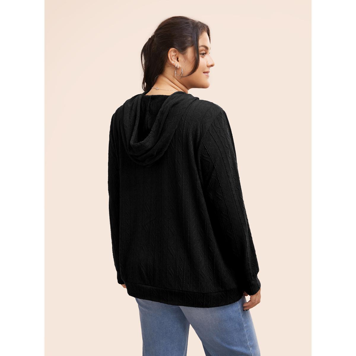 Plus Size Plain Textured Hooded Drawstring Sweatshirt Women Black Casual Elastic cuffs Hooded Everyday Sweatshirts BloomChic 26/4X Product Image