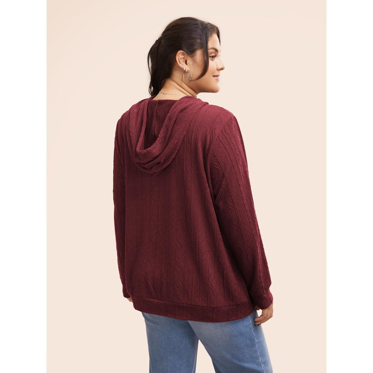 Plus Size Plain Textured Hooded Drawstring Sweatshirt Women Burgundy Casual Elastic cuffs Hooded Everyday Sweatshirts BloomChic 14-16/1X Product Image