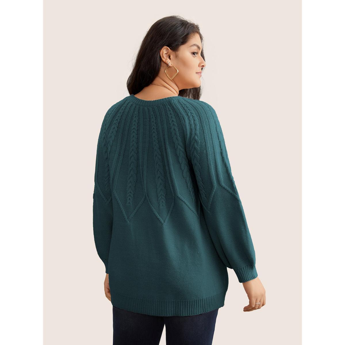 Plus Size Solid Textured Lantern Sleeve Pullover Cyan Women Basics Long Sleeve Round Neck Everyday Pullovers BloomChic 12/L Product Image