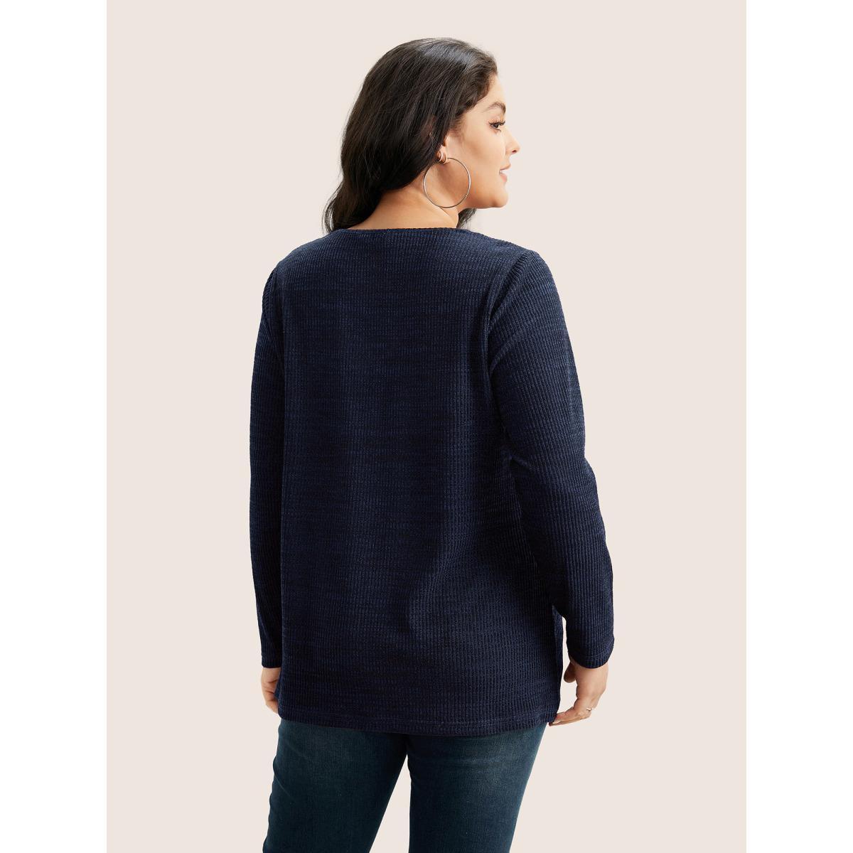 Plus Size Solid Rib Knit Button Detail T-shirt Blue Women Casual Non Plain V-neck Everyday T-shirts BloomChic 10/M Product Image