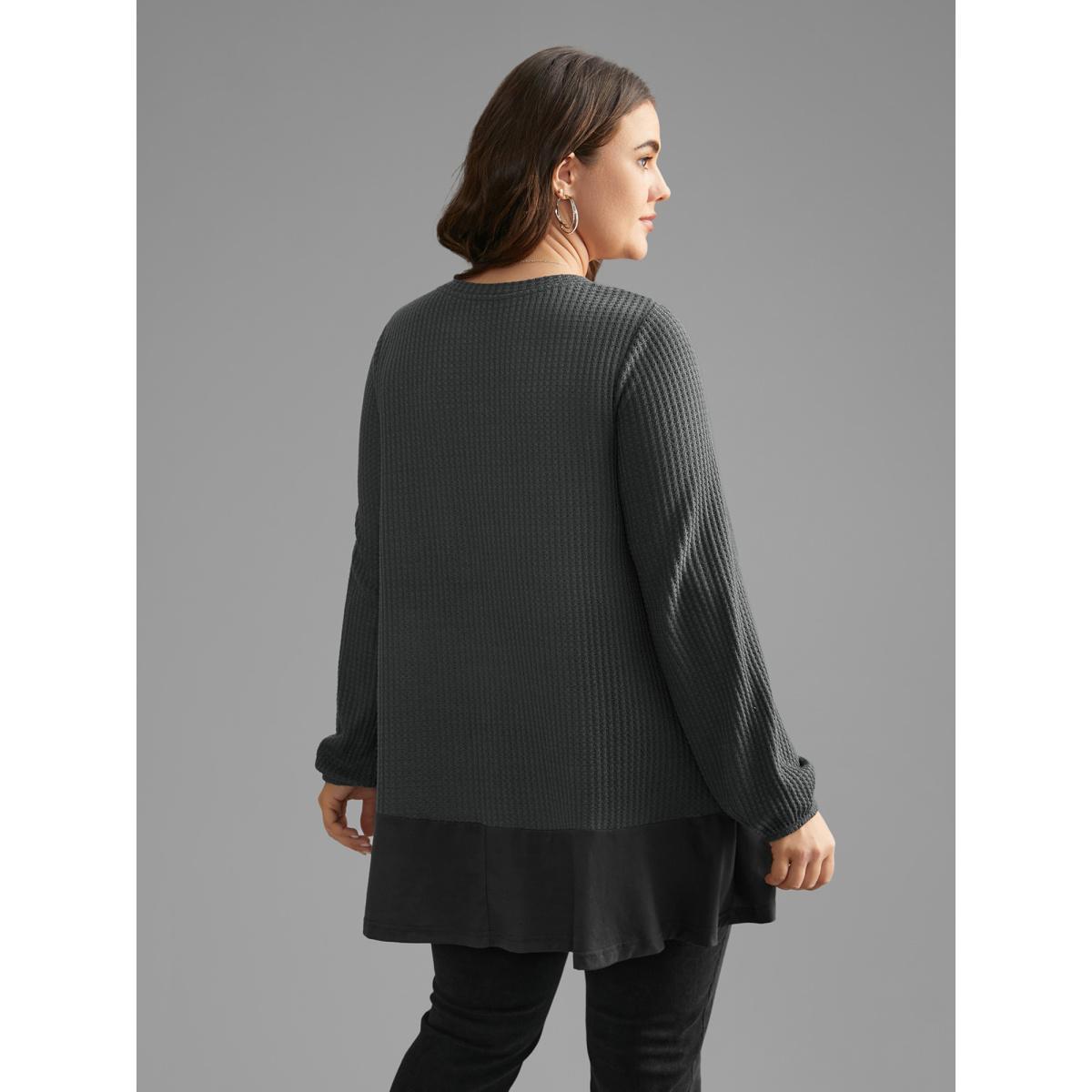 Plus Size Waffle Knit Patchwork High Low Hem T-shirt DimGray Women Casual Texture Round Neck Loose Everyday T-shirts BloomChic 18-20/2X Product Image