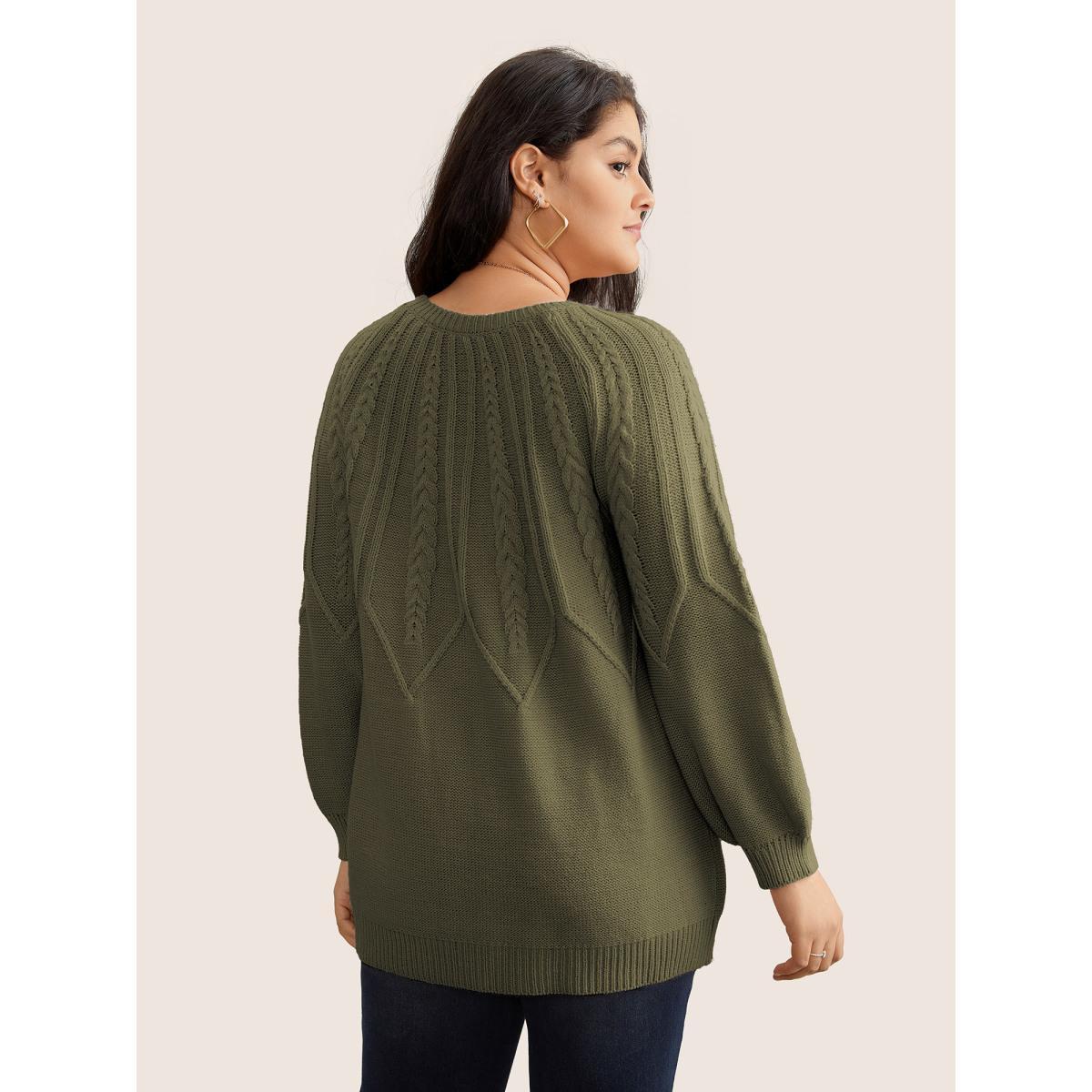 Plus Size Solid Textured Lantern Sleeve Pullover ArmyGreen Women Basics Long Sleeve Round Neck Everyday Pullovers BloomChic 18-20/2X Product Image