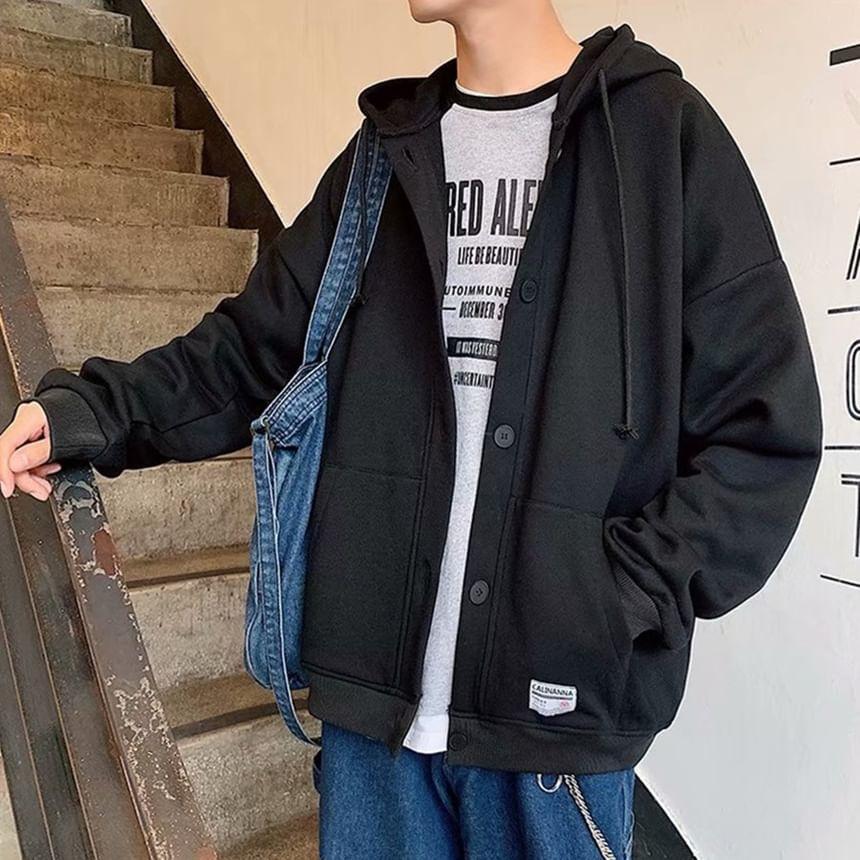 Lettering Applique Drawstring Fleece-Lined Button Hoodie Product Image