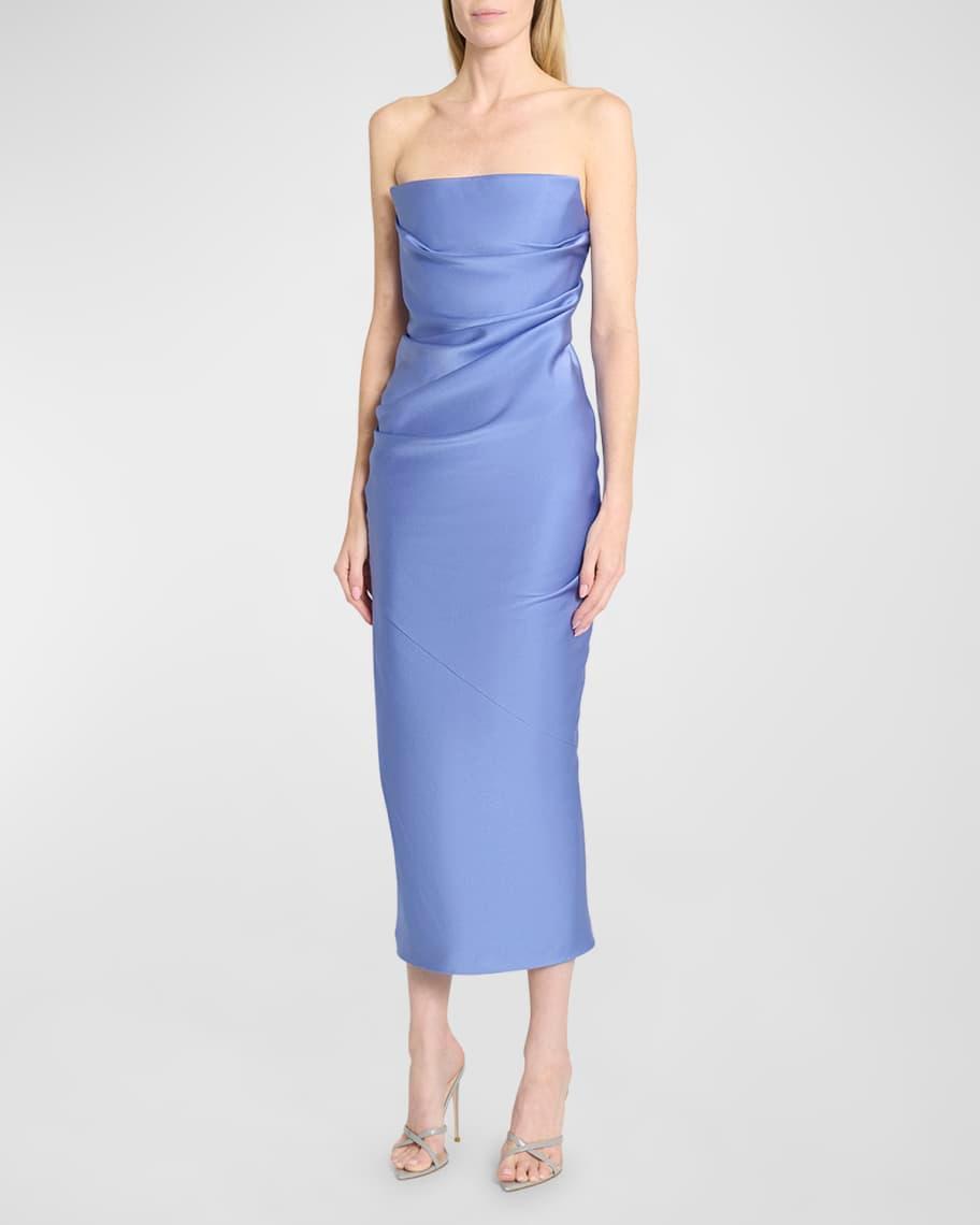 Satin Crepe Strapless Draped Midi Dress Product Image
