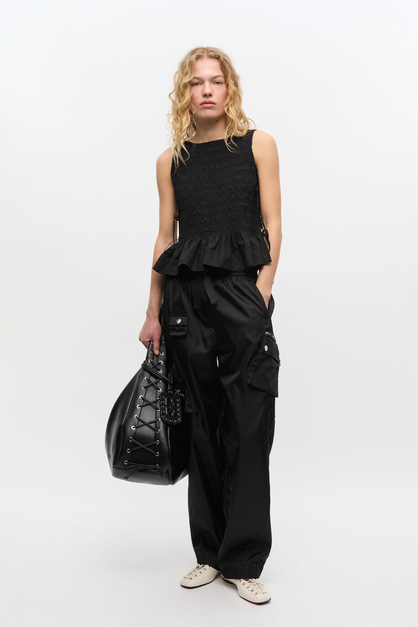 Black Cotton Smock Tie Top Product Image