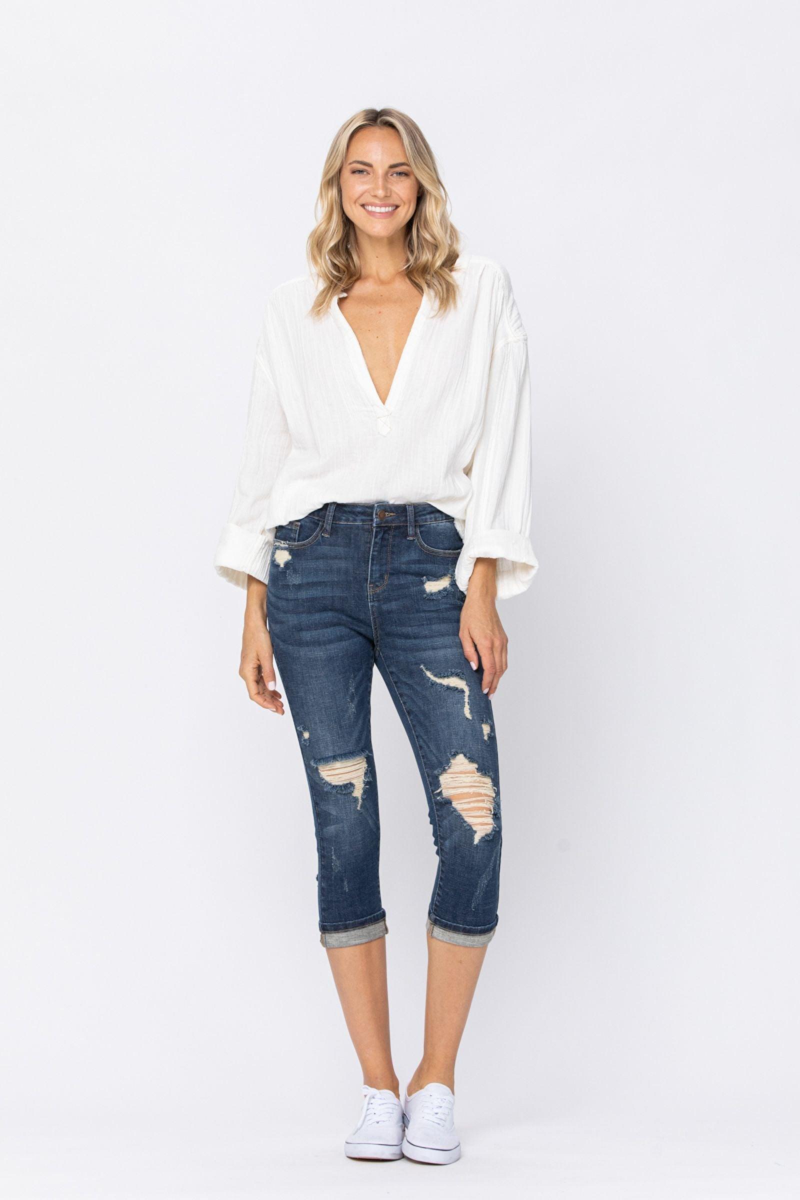 Chevelle Hi-Rise Cuffed Distressed Judy Blue Capri Jeans Product Image