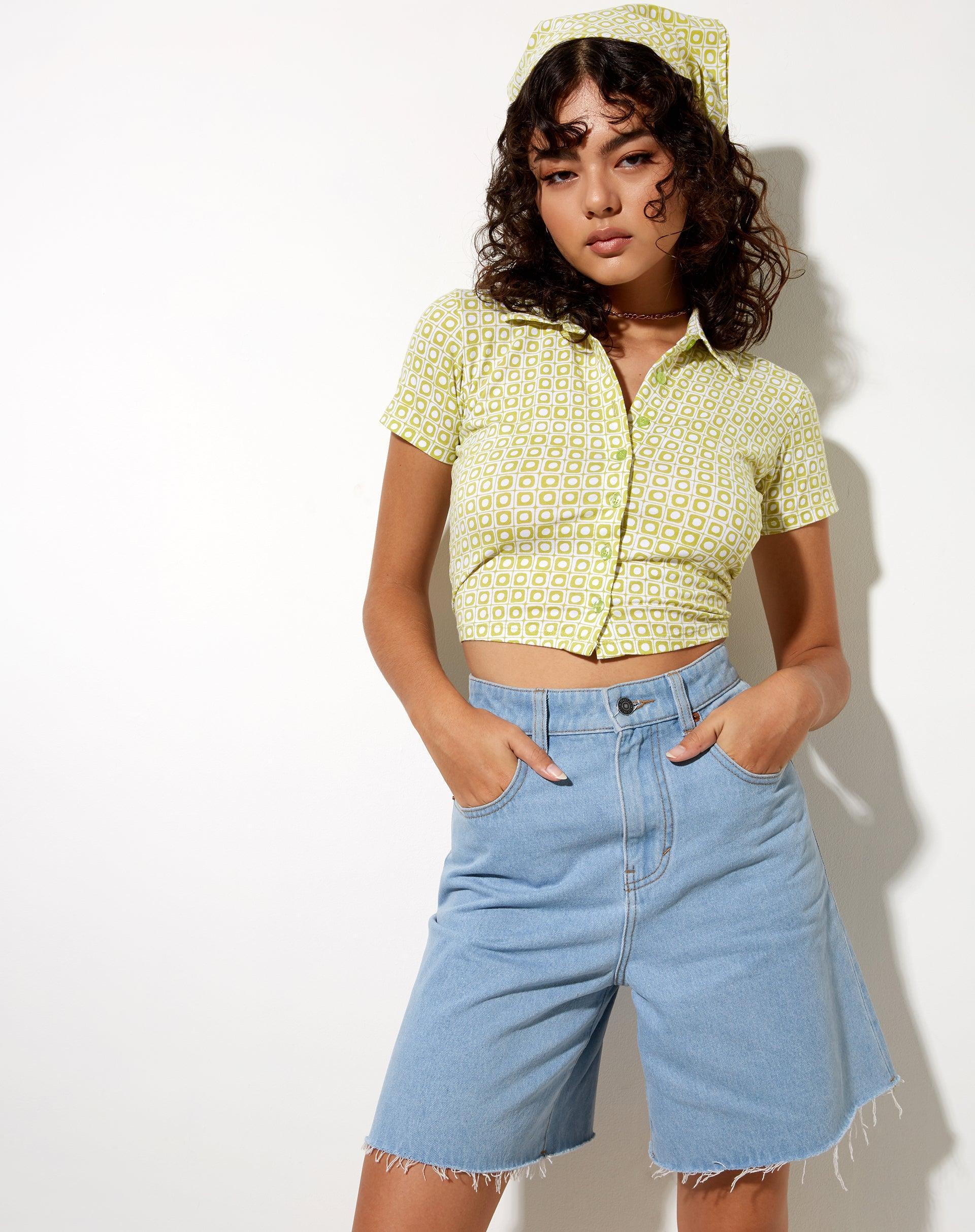Wuma Cropped Shirt in Green Geo Retro Product Image