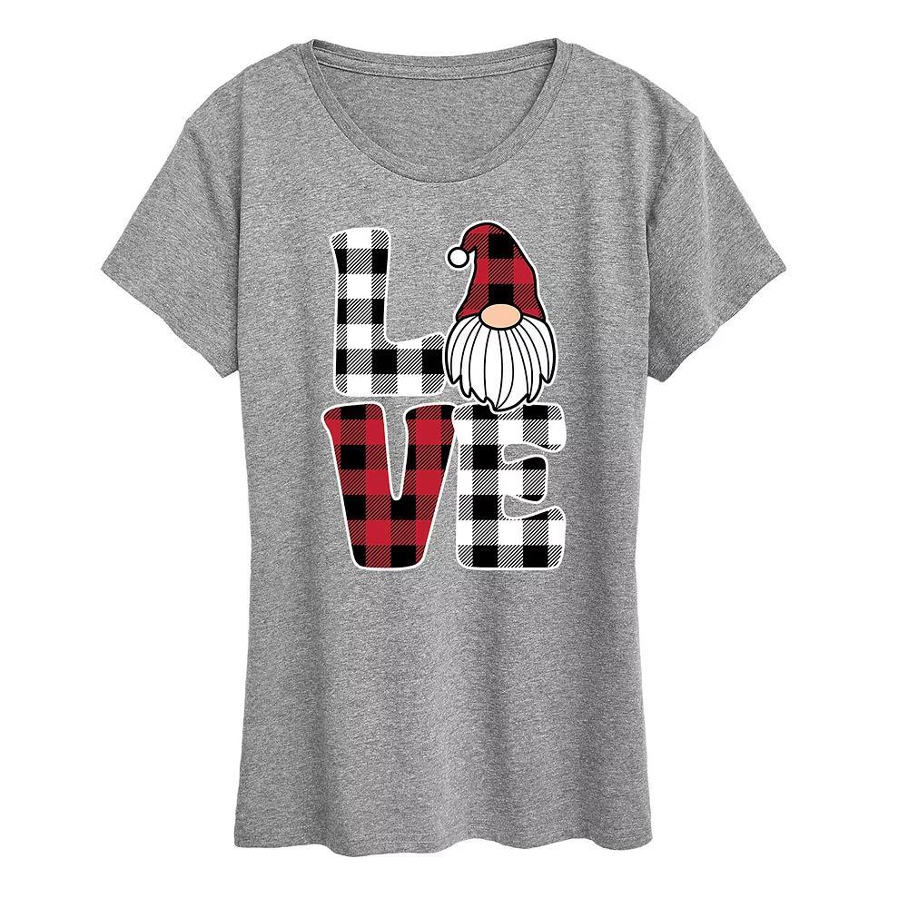 Womens Love Gnome Plaid Graphic Tee Grey Gray Product Image