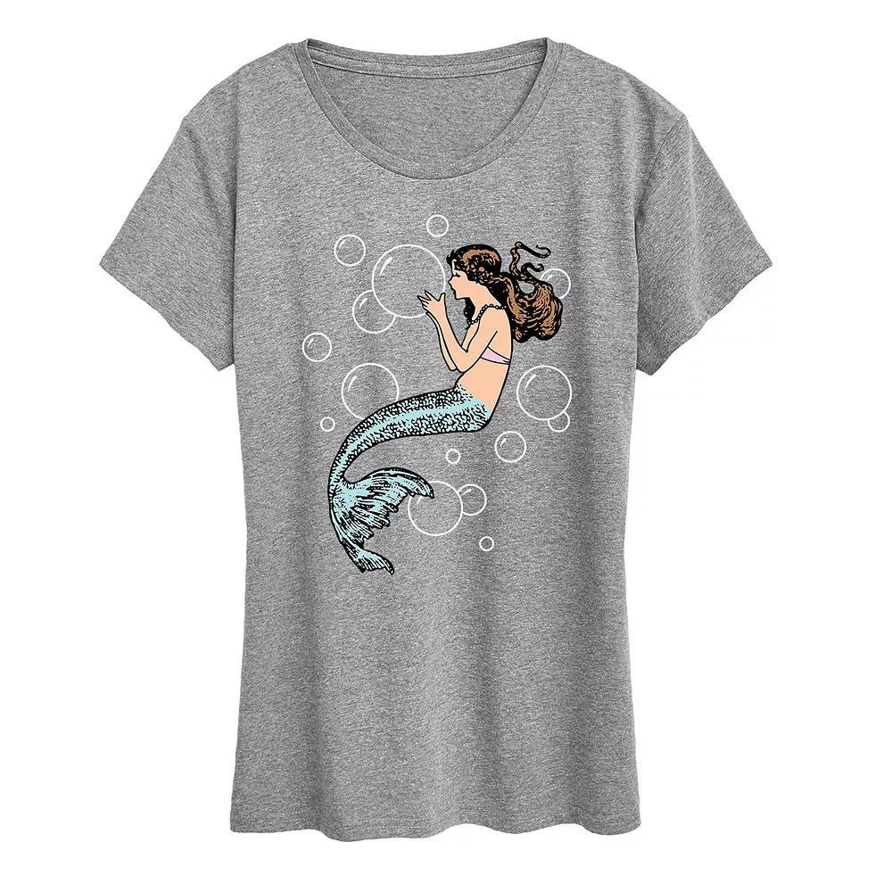 Women's Mermaid Holding Bubbles Graphic Tee, Size: Medium, Grey Gray Product Image