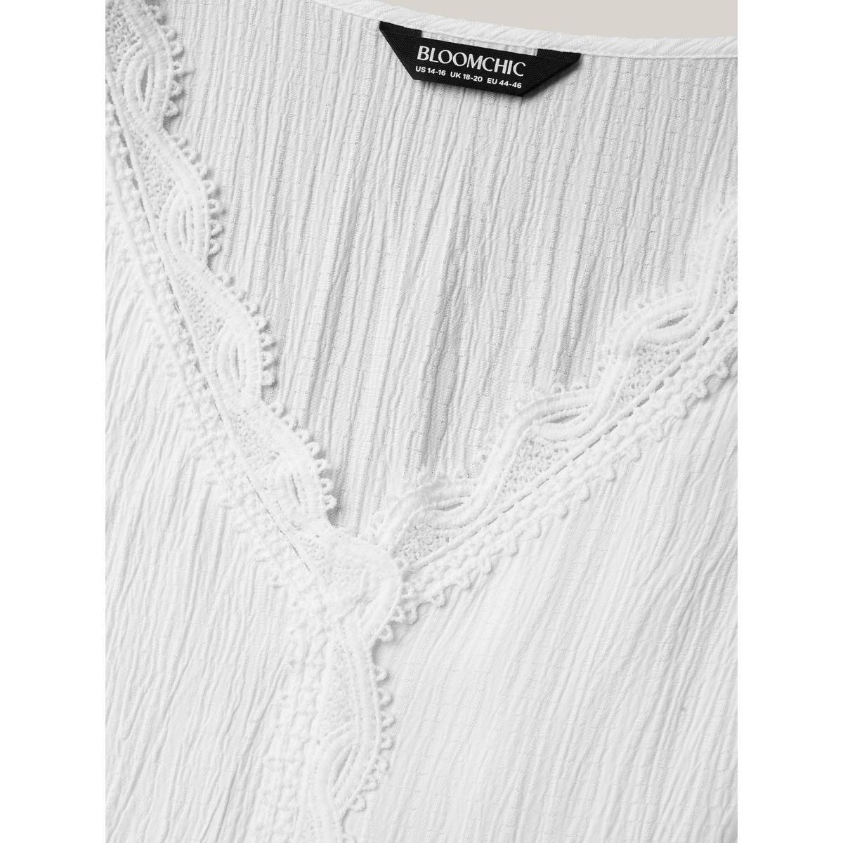 Plus Size Beige Scalloped Lace Textured Sheer Flared Shirt Women Casual Short sleeve V-neck Everyday Blouses BloomChic 18-20/2X Product Image