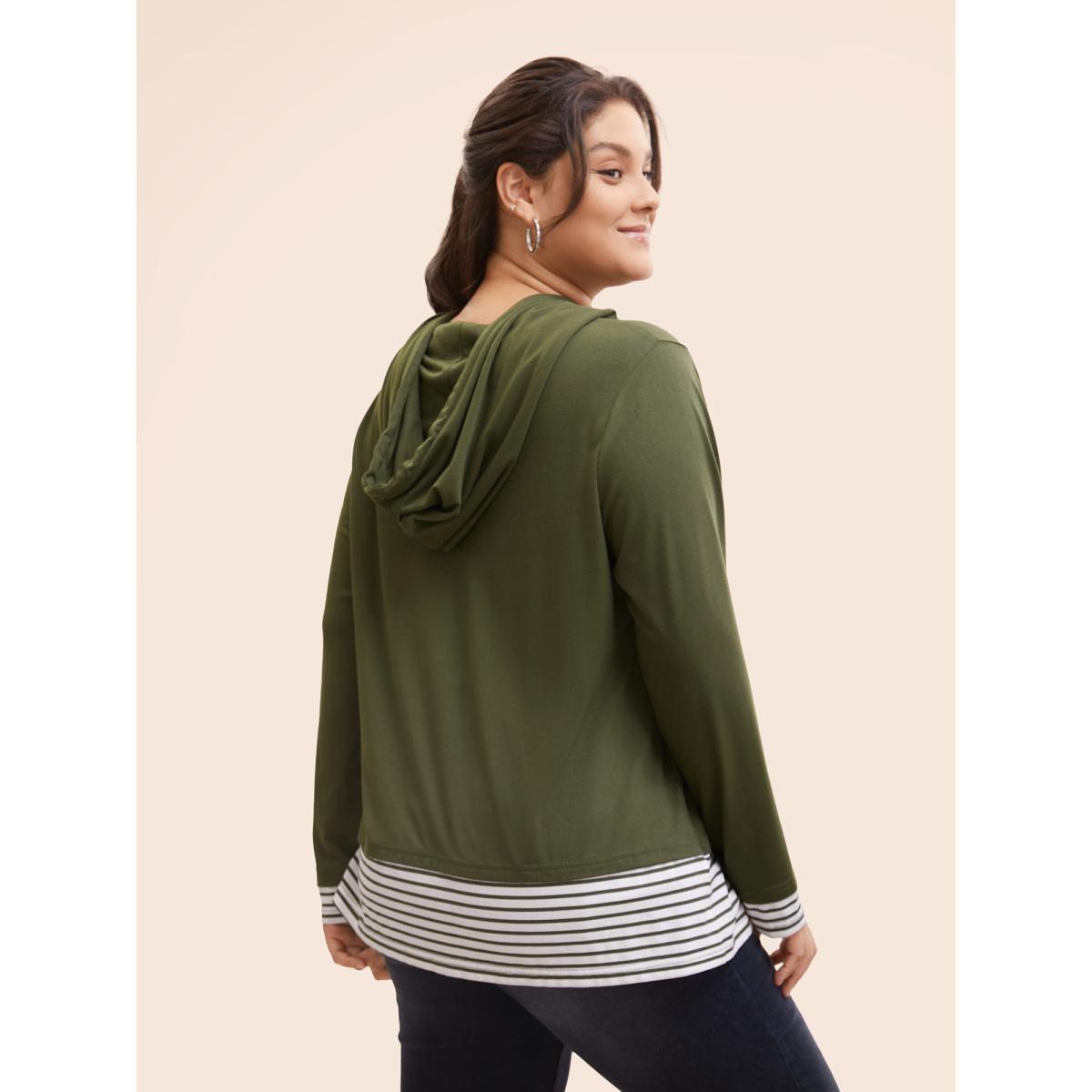 Plus Size Striped Patchwork Hooded Drawstring T-shirt ArmyGreen Women Casual Patchwork Striped Hooded Dailywear T-shirts BloomChic 26/4X Product Image
