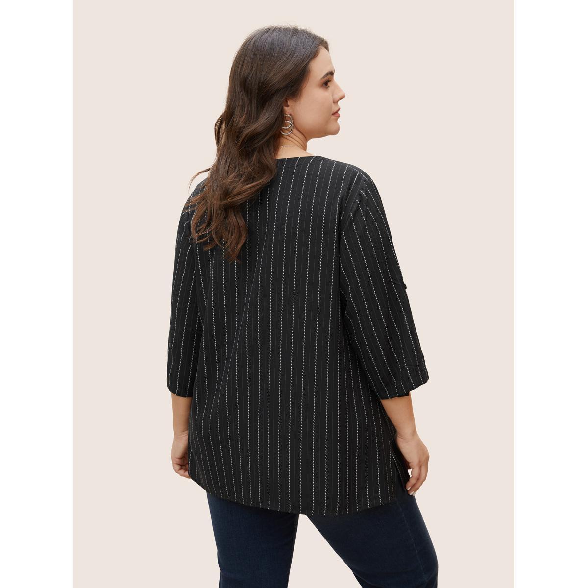Plus Size Black Striped Half Zip Tab Sleeve Blouse Women Work From Home Elbow-length sleeve Flat collar Work Blouses BloomChic 14-16/1X Product Image