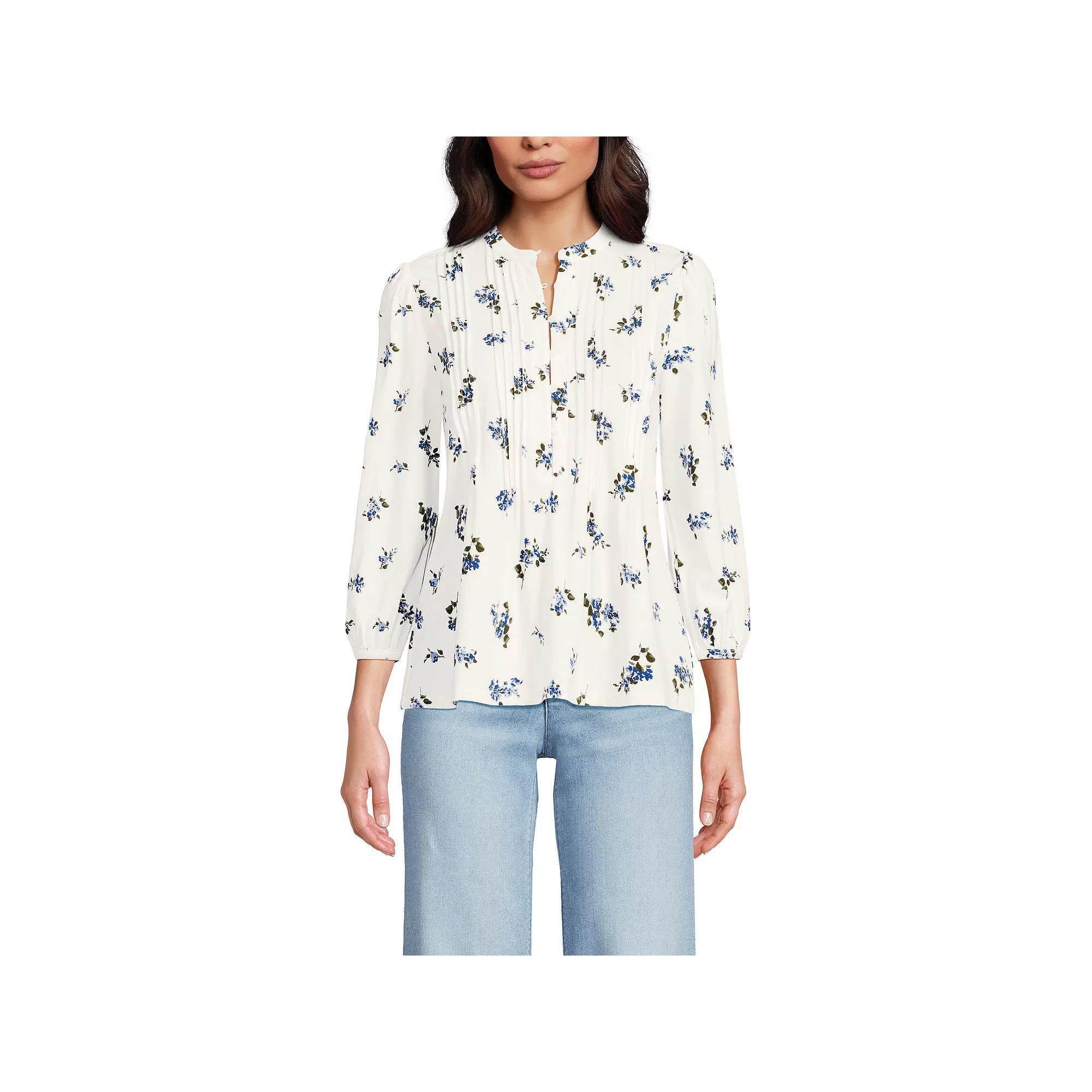 Women's Lands' End Lightweight Jersey Button Pintuck Top, Size: XL, Ivory Pink Blossoms Product Image