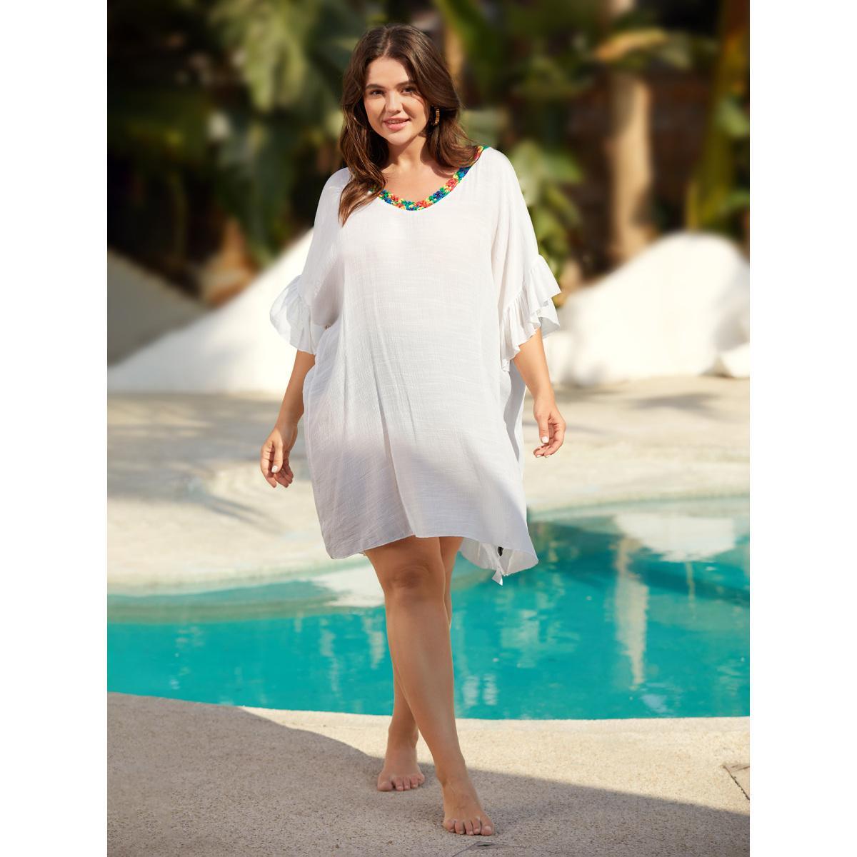 Plus Size Cut-Out Ruffled Sheer Swim Cover-Up Women's Swimwear Ivory Beach Loose Cut-Out Curve Swim Cover Ups BloomChic 10/M Product Image