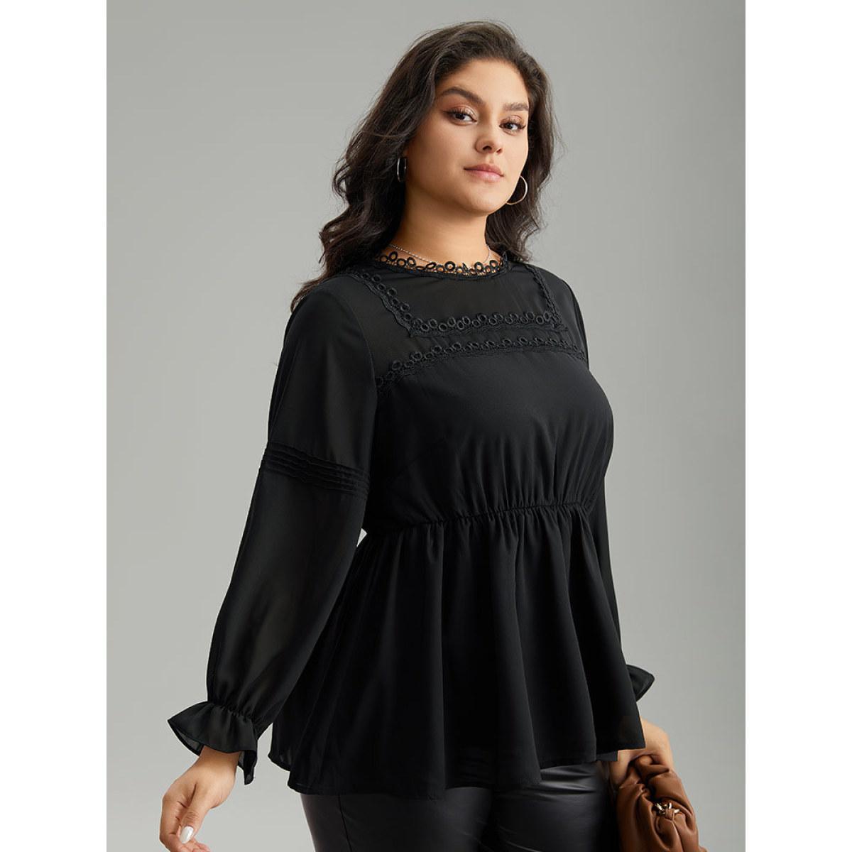 Plus Size Black Plain Ruffles Elastic Waist Lace Patchwork Blouse Women Office Long Sleeve Stand-up collar Work Blouses BloomChic 14-16/1X Product Image